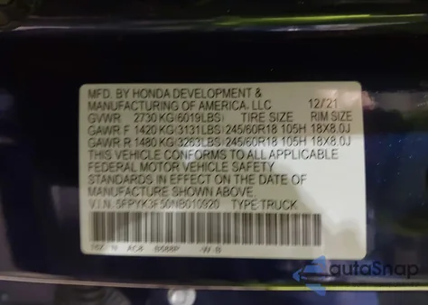 2022 Honda Ridgeline Rtl from USA, damaged, VIN 5FPYK3F50NB010920